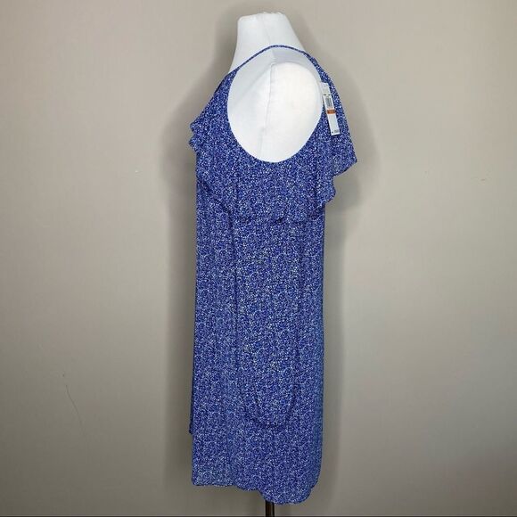 MICHAEL KORS Blue Floral Print Ruffle Trim Cold Shoulder Poly Chiffon Dress - Picture 5 of 12